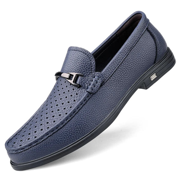 Men Hollow‑out Loafers Thin Leather Slip‑on Dress Shoes Breathable Moccasins Metal Decoration Casual Business Driving Shoes