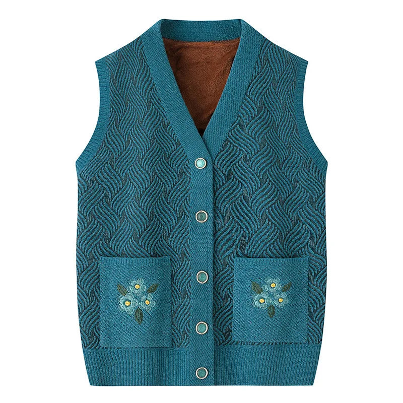 Grandma's Spring Autumn Warm Knit Jacket Middle Aged Mother Camisole Sweater Embroidered V-neck Cardigan Vest For Women XL-5XL