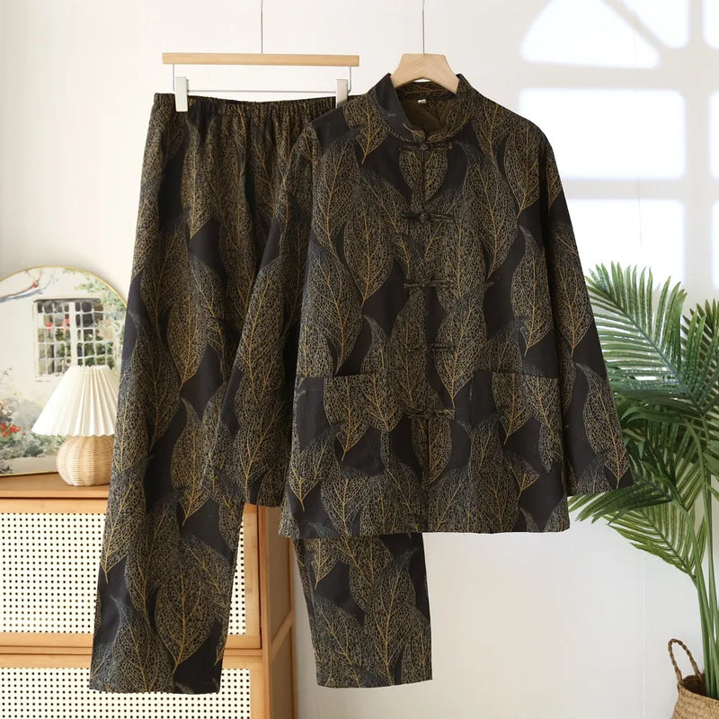 Retro Floral Pyjama Couple Homewear Autumn Sleepwear Cotton Long Sleeve Loungewear Sets Women Pajama Set 2-Piece Home Wear
