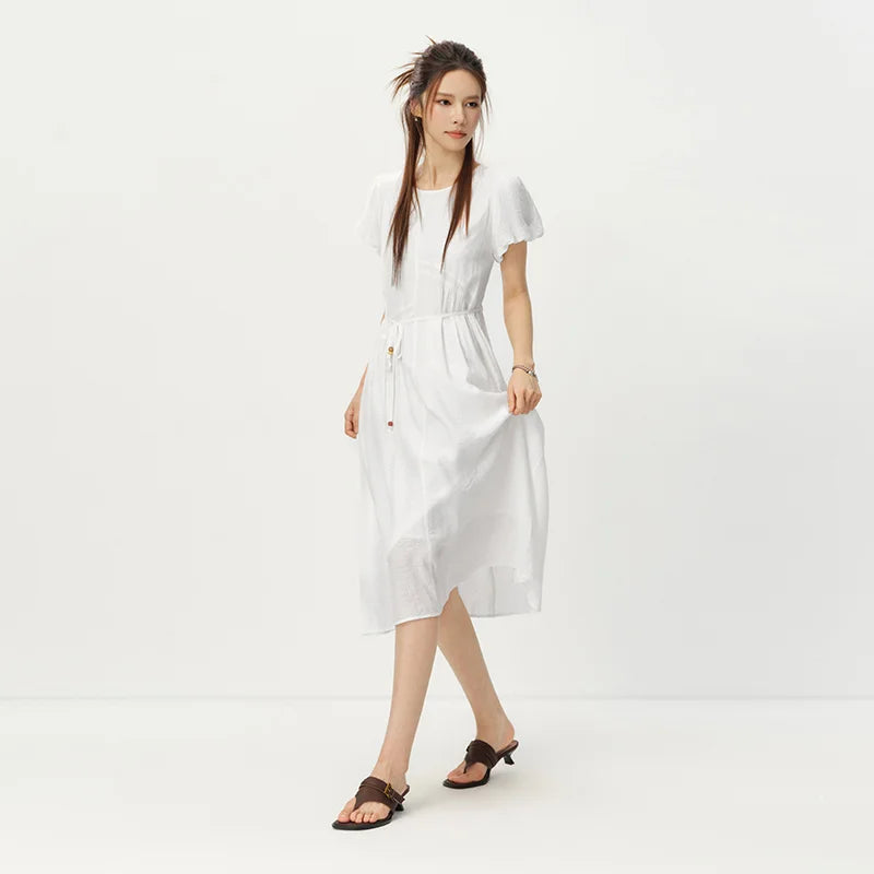 Semir Women Dress Puff Sleeve Waist Cinching Textured Maxi Elegant Vacation White 2026 Summer Romantic Style Top