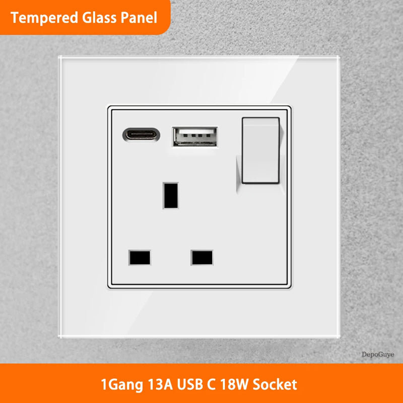 White Universal UK 13A Socket with USB Type-C 18W Fast Charging Wall Socket,Tempered Glass Button Light Switch,Dual 3pin Socket