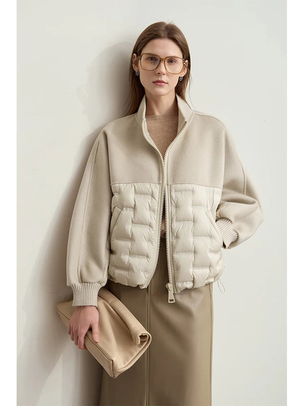 AMII Down Coats 100% Wool Stand Collar Loose Spliced Jackets for Woman 2024 Winter Warm New Casual Versatile Jacket 12454007
