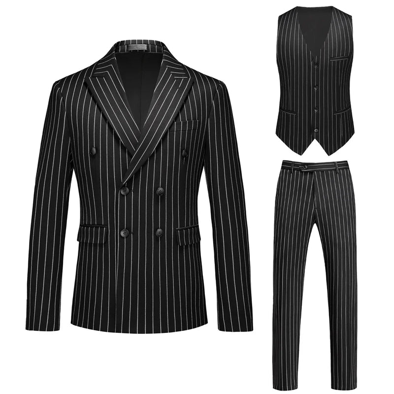 Men's Black-White Striped Plaid Suit 3-Piece, Wedding Party Dress Jacket and Vest with Trousers, Asian Sizes Red Slim Fit Sets.