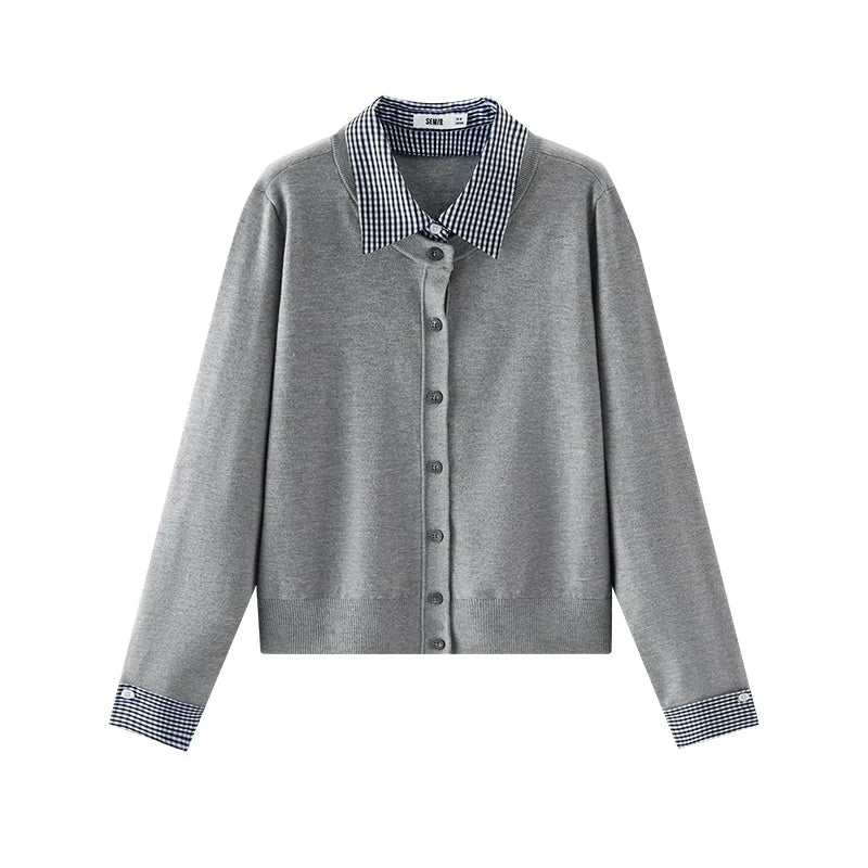 Semir Women Cardigan Plaid Shirt Collar Faux Two Piece Regular Shoulder Commuter Style Short Knitwear Daily Wear 2026
