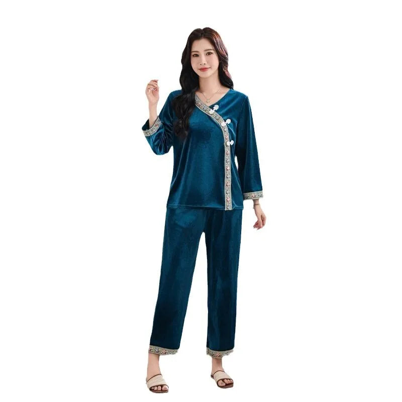 Gold Velvet Pajama Sets Women Chic Sleepwear Retro French Style Elegant Feminine Autumn Winter Cozy Home Wear Night Suit XL-6XL