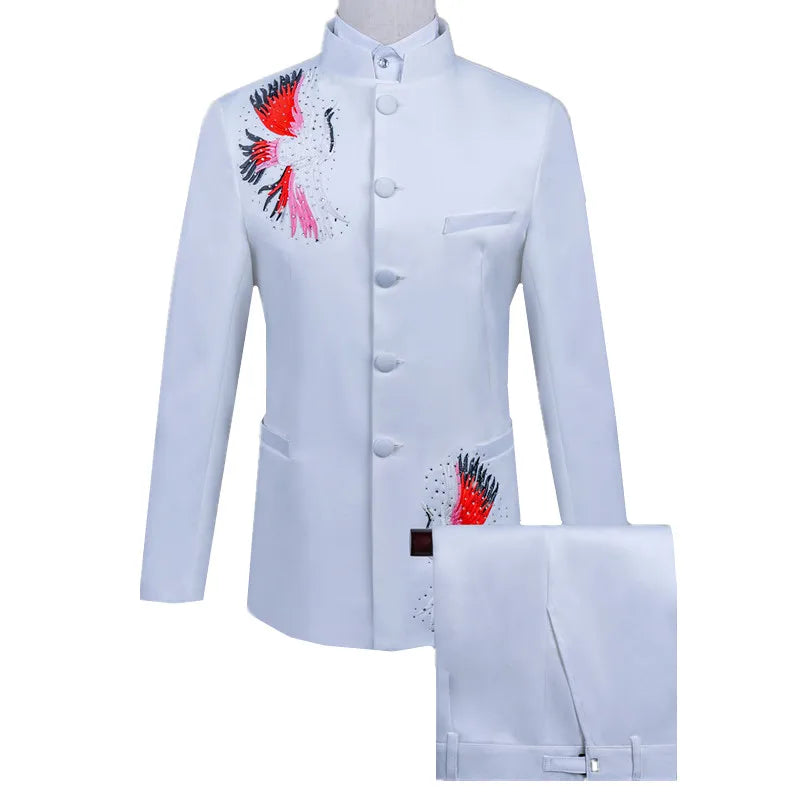 Men's Black Two-Piece Suit Set: a Slim-fit Embroidered Jacket for Weddings and Parties, Paired with Slacks; Asian Sizes.