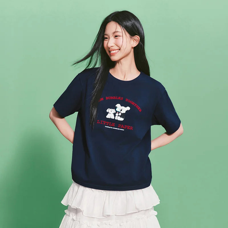 Semir Women Tshirt Cotton Funny Embroidered Casual Fashion Versatile Basic Top 2026 Summer Simple Daily Comfort Wear