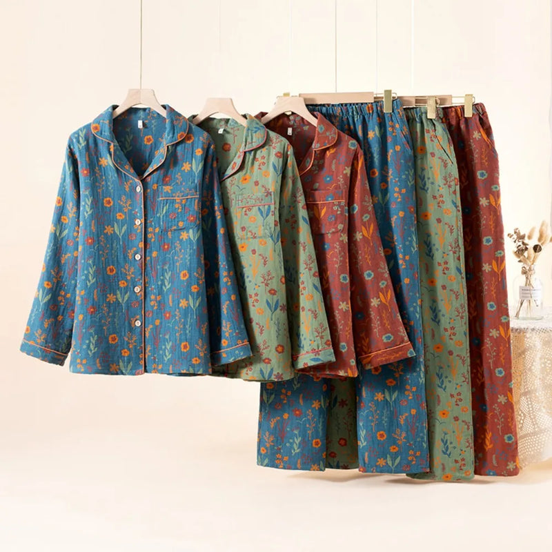 Floral Nightwear for Women Pajama Pure Cotton Sleepwear for Spring and Autumn Long Sleeve Two Piece Home Clothes Pyjama Femme