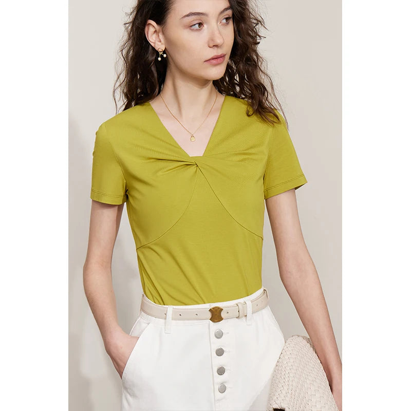 AMII Minimalism T-shirt for Women 2026 Summer New Sleeve Slim Design V-Neck Modal Cotton White Top Bottom T-shirts 12342212