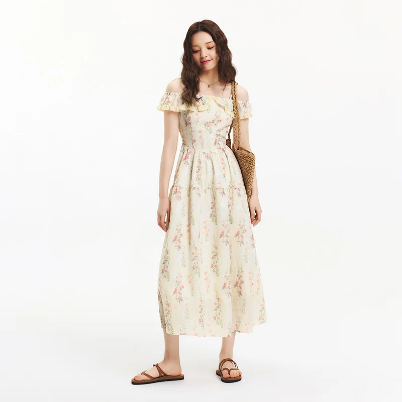 Semir Dress Women Floral Print Country Style Vacation 2025 New Summer Ruffled Waist-Cinching Strappy Dress Chic Looks