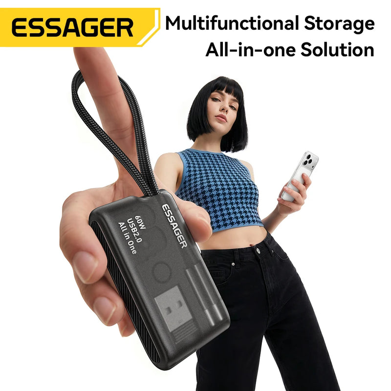 ខ្សែសាកទិន្នន័យ Essager PD 60W ពហុមុខងារ USB ប្រភេទ C សាកលឿនសម្រាប់ iPhone 17 16 15 ប្រអប់ផ្ទុកជាមួយប្រអប់ដាក់ឥវ៉ាន់ធ្វើដំណើរ