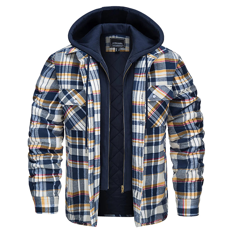 TACVASEN Men's Cotton Flannel Shirt Button Down Plaid Shirts with Hood Quilted Lined Casual Shacket Mens Winter Heavy Shirt New