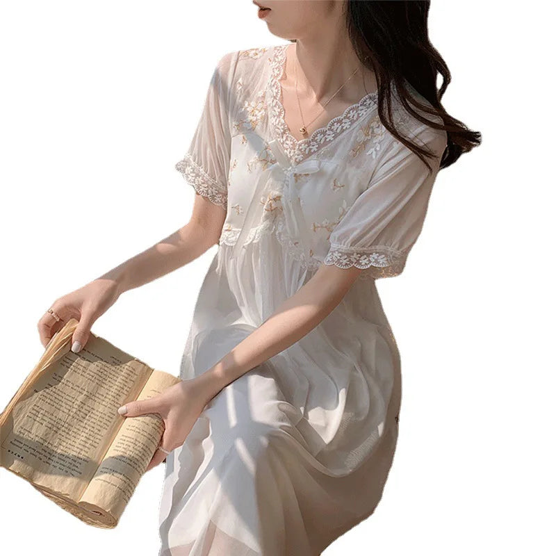 Lace Modal Mesh Summer Night Dress Woman Court Princess Nightdress Loungewear Sleepwear Women's Nightgowns Homewear Nightwear