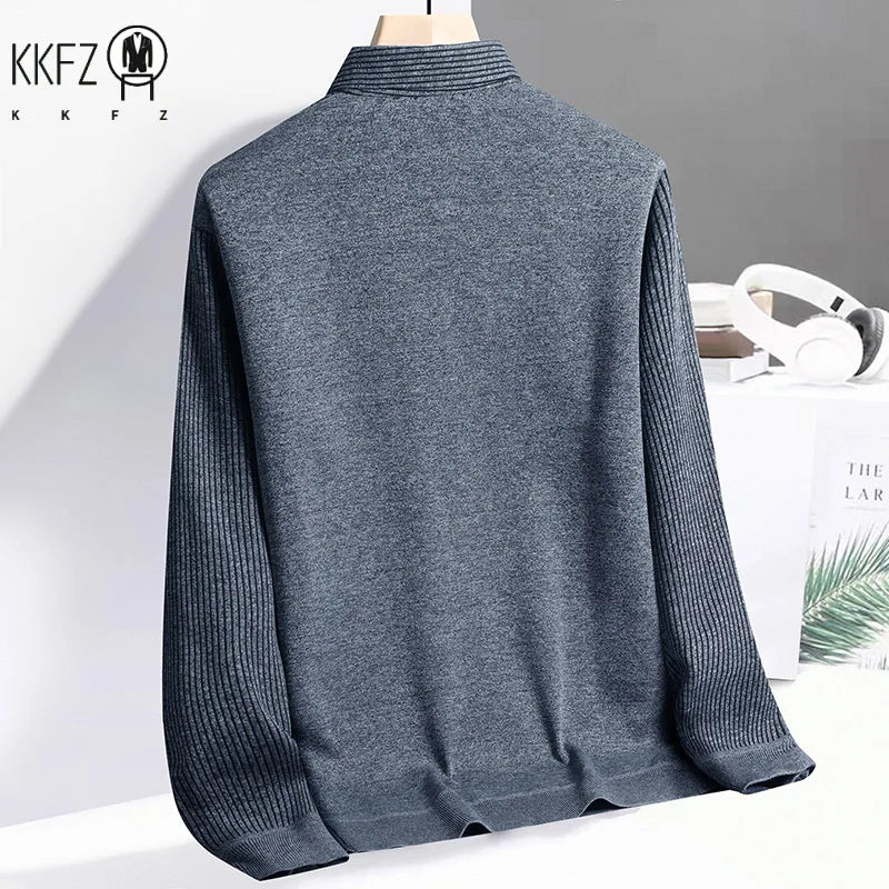 Daily Versatile Men Pullover Fake Two Piece Construction Vertical Stripe Sleeves Lapel Collar Subtle Embroidered Logo