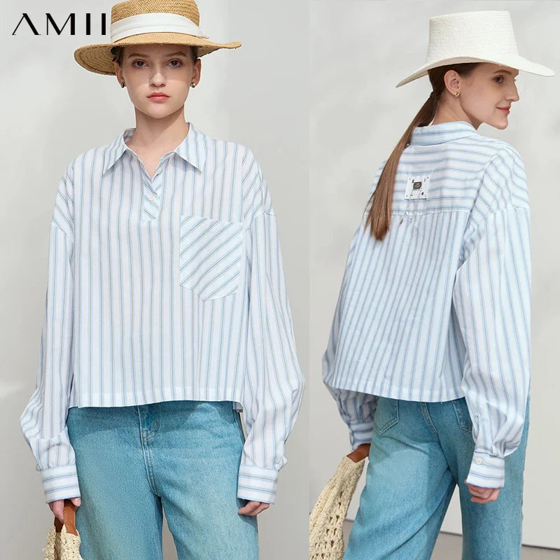 អាវ AMII Minimalist 100% កប្បាសសម្រាប់ស្ត្រី រដូវស្លឹកឈើជ្រុះឆ្នាំ 2025 ថ្មី រលុង ដៃអាវឆ្នូតៗ ដៃអាវរាងដូចខ្សែសង្វាក់ដែក 12541111