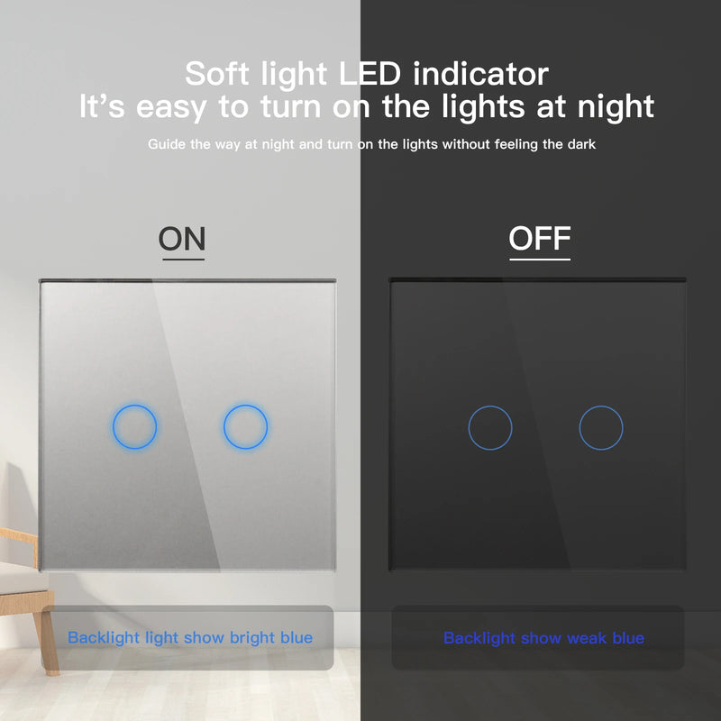 Bseed Wall Touch Light Switch 1/2/3Gang 2Way Light Switch With EU Socket USB Type-C Glass Panel Blue Backlight 240V for Stairs