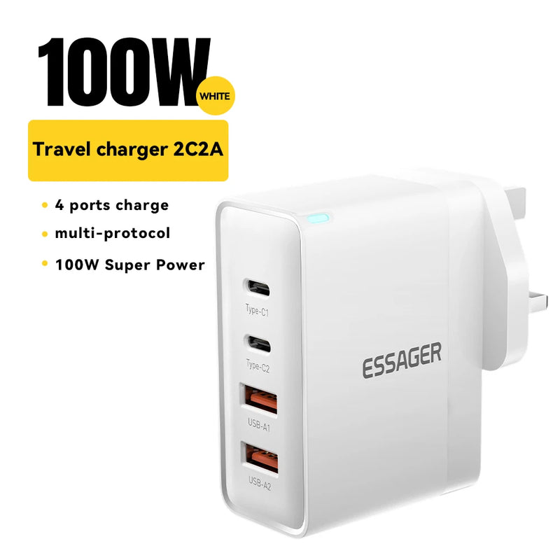 Essager 100W US/KR Plug USB Type C GaN Charger For Laptop Macbook PD Fast Charging For iPhone 16 15 14Pro Samsung Charge Adapter
