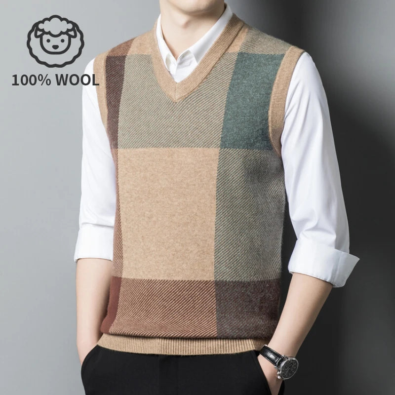 100% Wool Men's V-neck Vest, Warm for Spring and Autumn, Daily Versatile Pullover Vest.Stretchable M-4XL