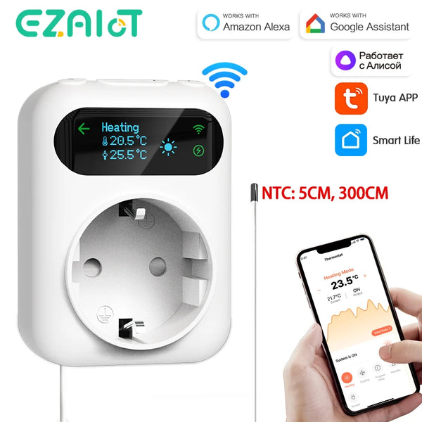 WiFi Tuya Digital Thermostat Outlet Plug Wireless Smart Socket Temperature Controller Timer Switch Cooling Heating Alexa Google