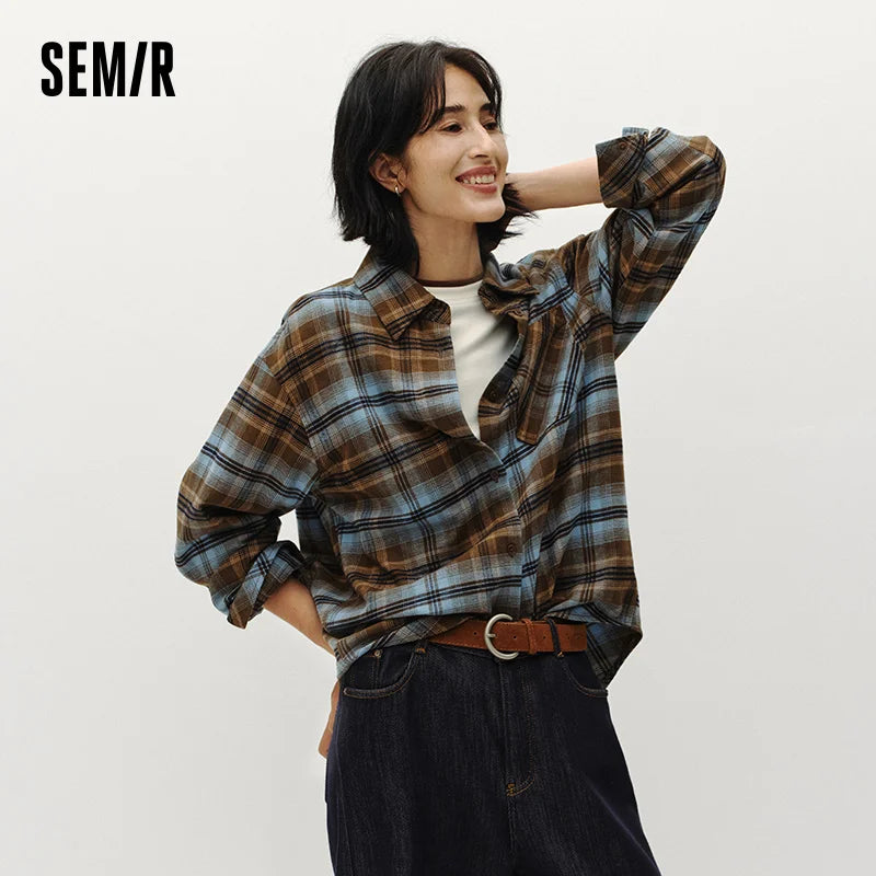 Semir Women Winter Shirt Mid Length Brushed Fabric Cotton Plaid Loose Fit Vintage Style 2026 New Winter Daily Wear