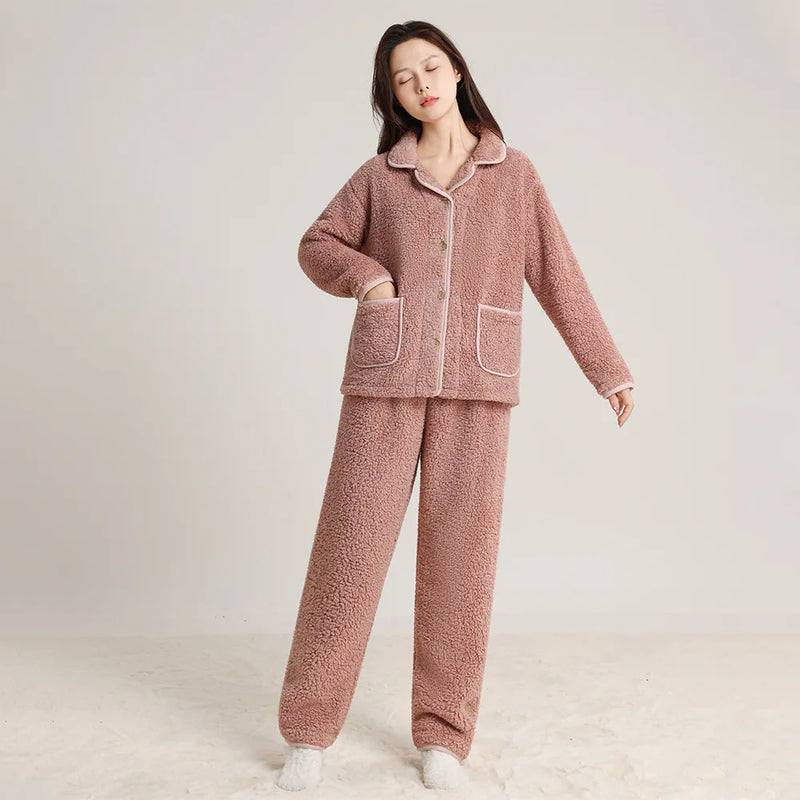 Pyjamas Femme Hiver Coral Fleece Warm Sleepwear Set New Thick Flannel Home Clothes For Women Hot Winter Pajamas Suit Female