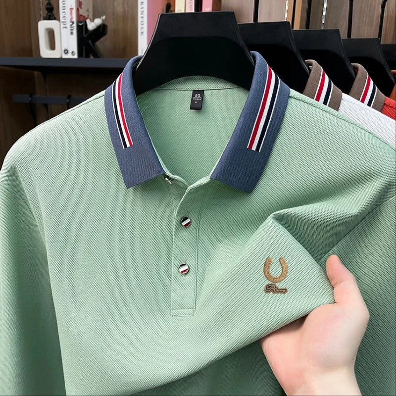 Quality 100%Cotton Man Long-Sleeved Polo Shirt Lapel Button Color Blocking Letter Pattern Embroidery Autumn New Leisure Menswear