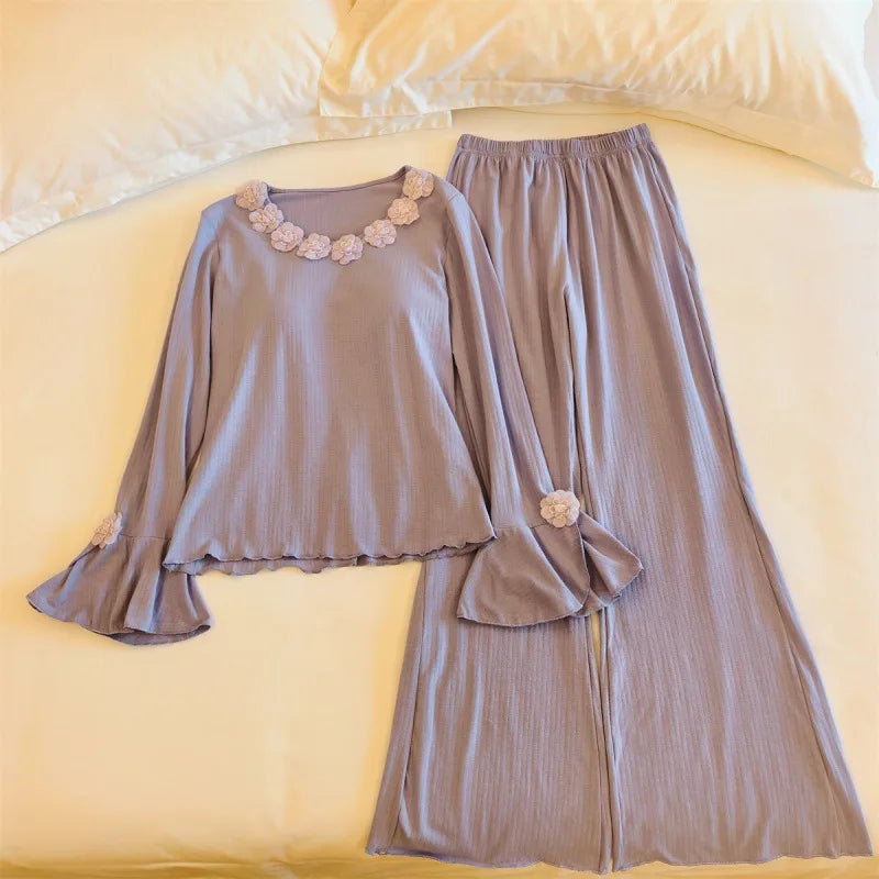 Spring Autumn Women's Pajamas New Homewear Suit Winter Sleepwear Set Cotton Long Sleeve Sleeping Home Clothes Breast Pad Suit
