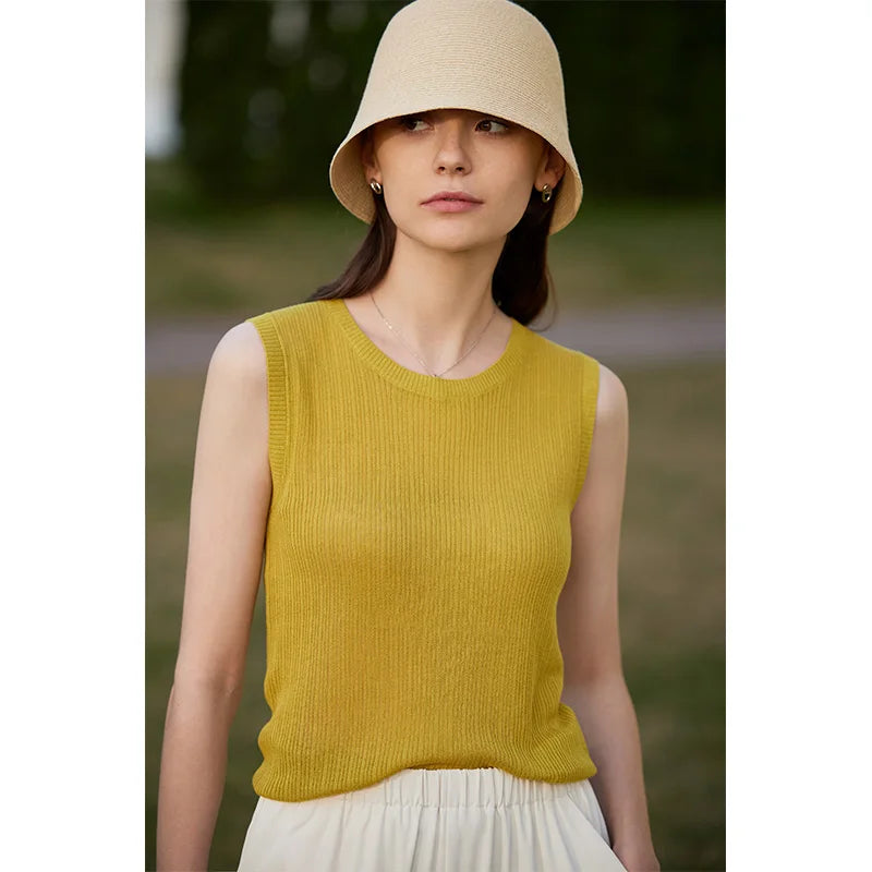 AMII Minimalism 2026 Summer New Woman Clothing Sleeveless O Neck Office Lady Knitted Female Chic Straight Camisole&Vest 72322002
