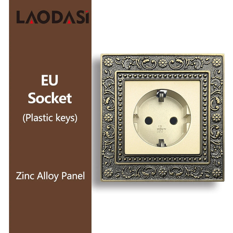 Deopoguye Vintage EU FR UK Light Switch Socket,Europe Standard Metal Zinc Alloy Push 1/2/3Gang Switch Panel for Home Improvement