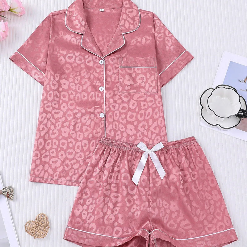 Leopard Print Summer Pajamas with Shorts Lapel Collar Tops Loungewear Sets Woman Nightwear New Ice Silk Short Sleeve Sleepwear