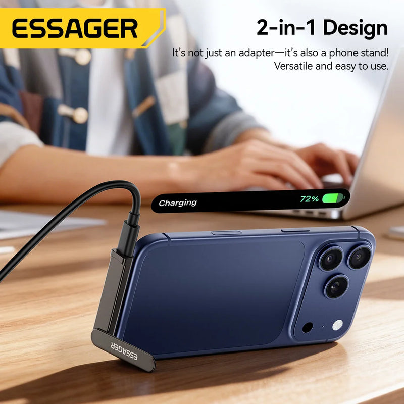 អាដាប់ទ័រសាកថ្មលឿន Essager 240W 2-in-1 ជាមួយជើងទម្របត់បាន Type-C បុរសទៅ Type-C ស្ត្រីសម្រាប់ iPhone 17 16 15 Pro