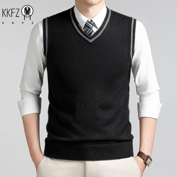 Mens V Neck Sleeveless Knit Waistcoat Contrast Rib Trim Soft Slim Sweater Vest For Daily Formal Wear In Autumn