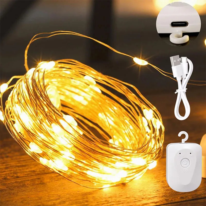 Rechargeable Copper Wire String Lights 8Lighting modes Fairy Light Timer Detachable Design for Halloween Wedding Christmas Decor