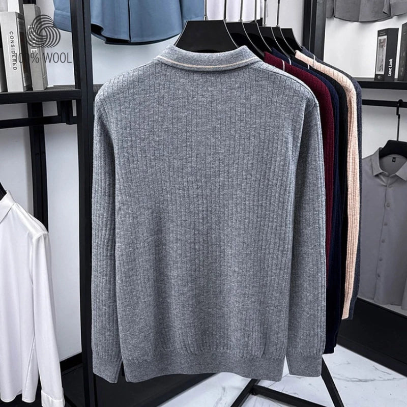 100% Cashmere Wool Sweater, Semi-Zip Placket Ribbed Texture, Soft Non-Irritating, 7 Colors M-4XL Business Casual