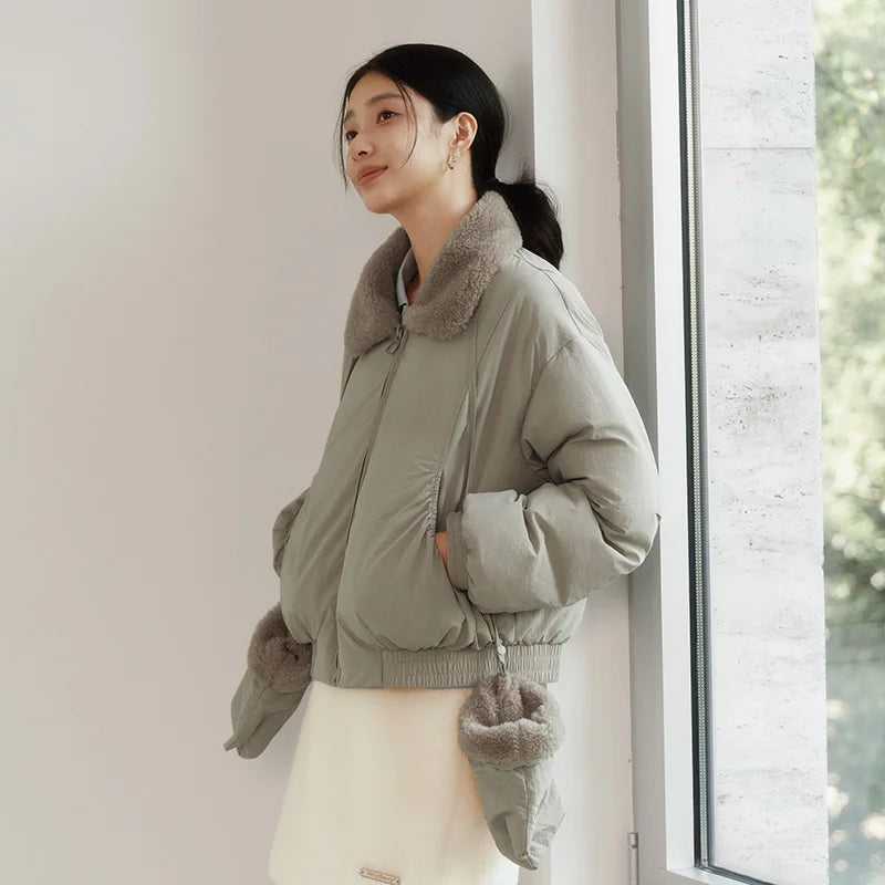 Semir Cotton Coat Women Winter Fleece Lapel Glove Loose Paneled Textured 2025 New Fashion Retro Casual Cotton Jacket