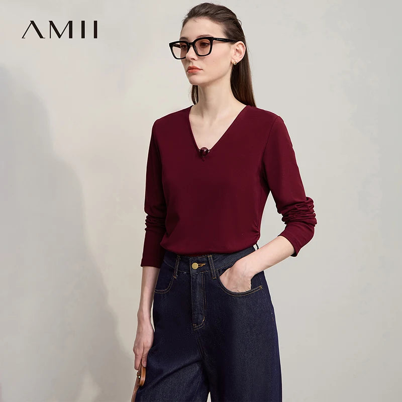 AMII Women's T-shirt 2026 Autumn New Modern V-neck Middle-aged Women's Clothing Cotton Knitted Long Sleeves Ladies Tops 12523145