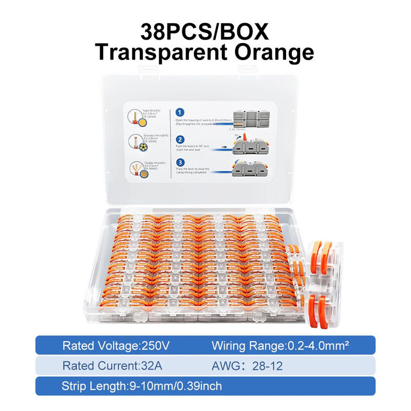 TOMZN YL222 Lever Wire Connectors 38PCS 2In 2Out Quick Splicing Terminal Blocks 32A 250V for 28-12AWG Universal Wire Joiner Kit