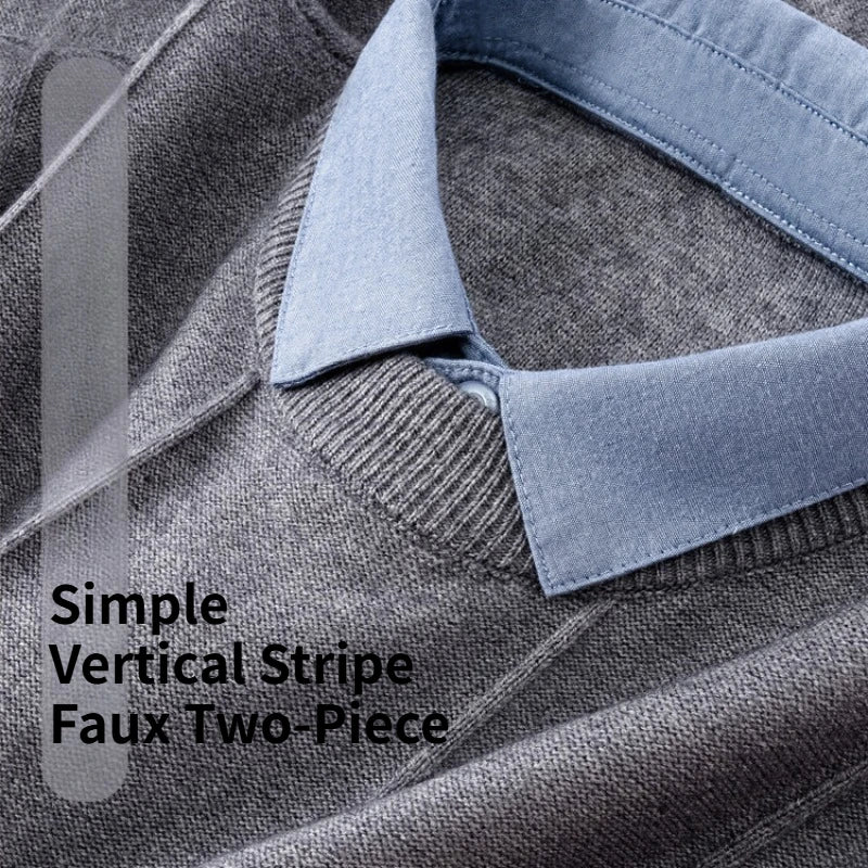 Men's Business Casual Polo Shirt with Faux Shirt Collar and Pineapple Jacquard Knit  Gold Medal Quality Pullover