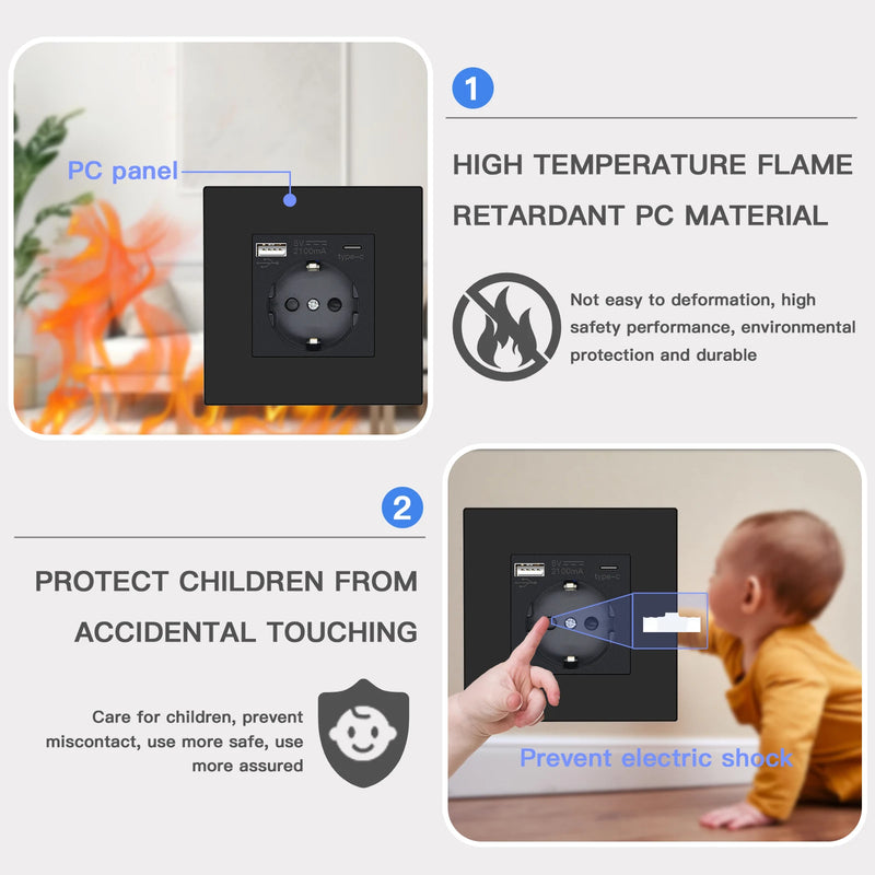 BSEED Mechanical Button Switches With Power Socket 1/2/3Gang 1Way Plastic Panel Electrical Outlets USB Type-C Wall Socket 16A