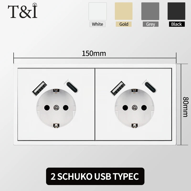 European Wall Socket EU Outlet, USB Type-C Charging Ports, 1/2 Gang Light Switch, 16A 250V, Flush Mount, White Panel, 80×80mm