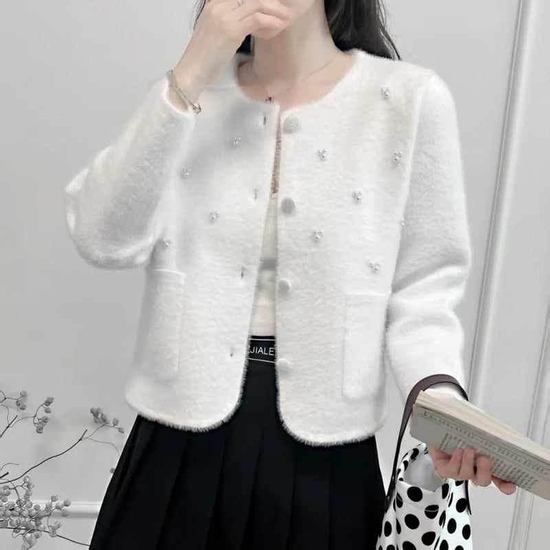 Korean Fashion Knitted Cardigan Jacket Women's Autumn Winter Top New Temperament Crew Neck Sweater Single Breasted Coat Female