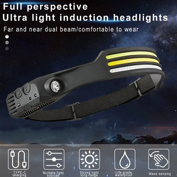 ពិលក្បាលដែលអាចសាកបានដោយ USB ចង្កៀងមុខប្រភេទ Induction COB LED ចង្កៀងក្បាលប្រភេទ Sensor មានថ្មភ្ជាប់មកស្រាប់ ពិលភ្លើង 5 របៀបបំភ្លឺ ចង្កៀងមុខ