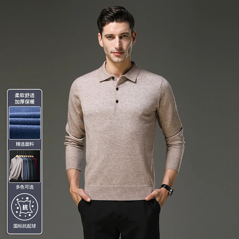 Men's Lapel Solid Color Woolen Sweater, Autumn & Winter New Stretch Top, Daily Leisure Pullover Knitwear, Business POLO