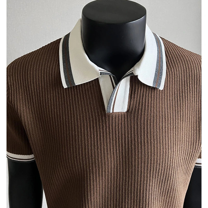 Men's Contrast Collar Polo, Old Money Style Knit Shirt,Stretchable, Breathable, Everyday Commuter Knitted Pullover.
