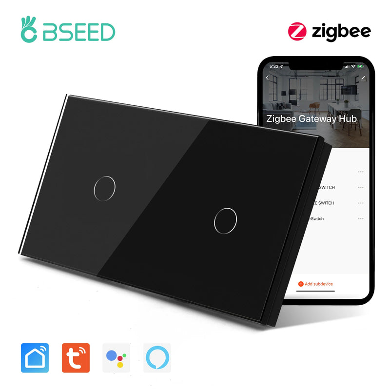 BSEED Zigbee Touch Switch 1/2/3Gang 1/2/3Way Smart Touch Light Switch Support Tuya Smart Life Alexa Control With No Neutral Line