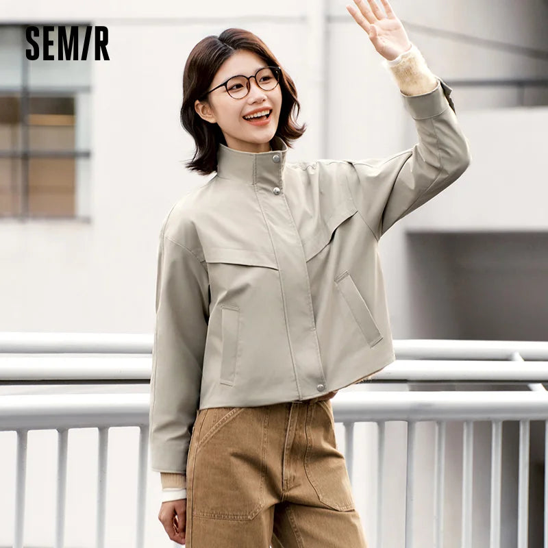 Semir Minimalist Jacket Women Spring Stand Collar Drawstring Windproof Waterproof Stain-Resistant Casual Commute Top