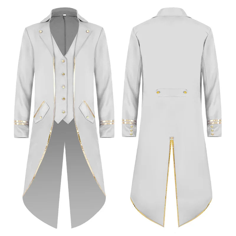 2026 Medieval Style Thin Men's Retro Mid-Length Punk Coat with Gold Trim Trench for Halloween Cosplay in Red Green Purple Jacket