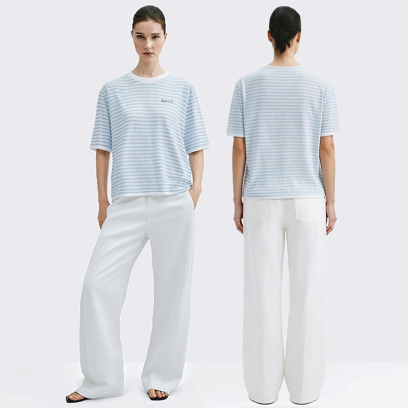 Amii Short Sleeve Knit Top 2026 Summer New O-Neck Women's Color Block Stripe Sweater Loose Casual Pullover For Woman 12642075