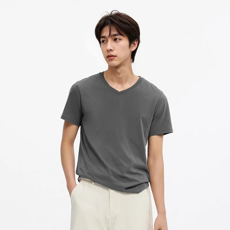 Semir Men T Shirts 2026 Summer New Basic Solid V Neck 3A Antibacterial Comfortable Casual Tops
