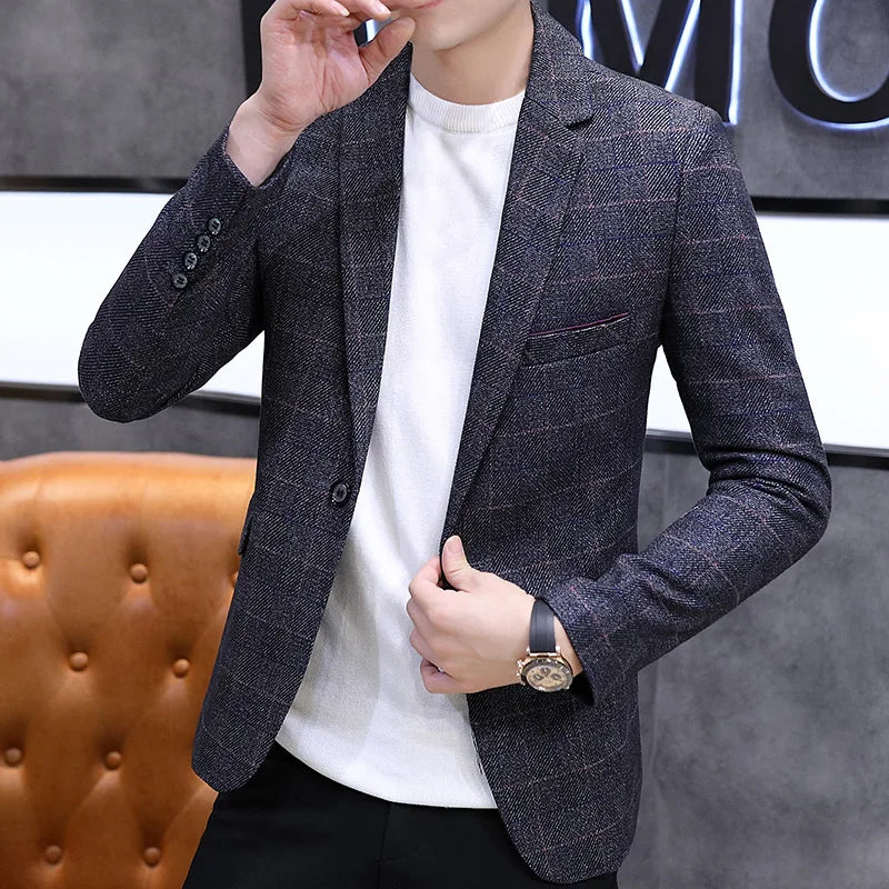 Men's Blue Striped Blazer in Asian Sizes,Gray Single-button V-neck Jacket, Slim-fit Tops for Weddings,Parties, The Office, Wear.